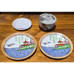 Vintage Japanese Eggshell Porcelain Tea Set Pagoda Lusterware Made in Japan Lot